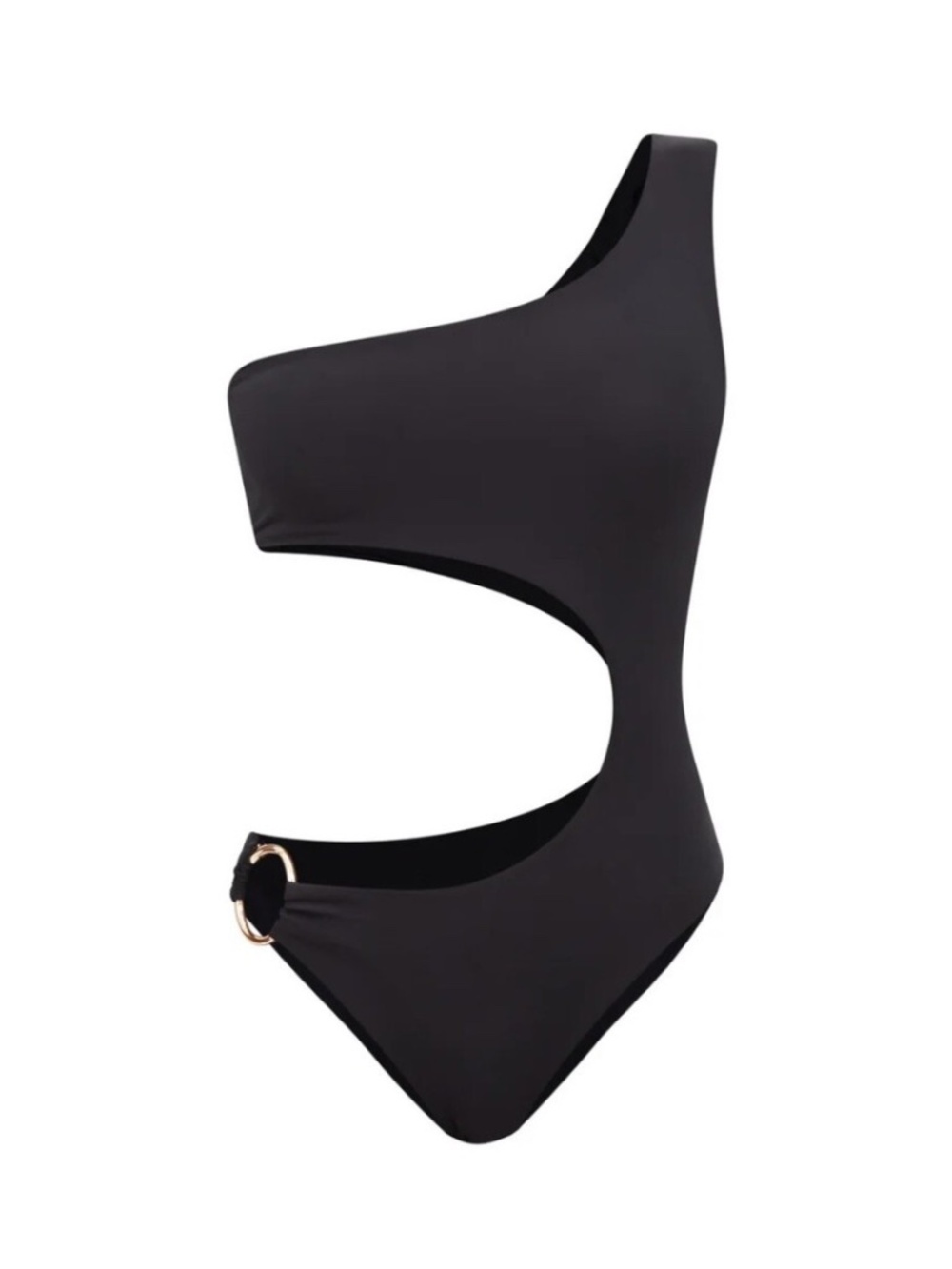 Luxe Black Asymmetric One Shoulder Cutout Monokini Swimsuit Ring Detail Small